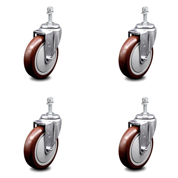 5 Inch Maroon Polyurethane Wheel Swivel 10mm Threaded Stem Caster Set SCC